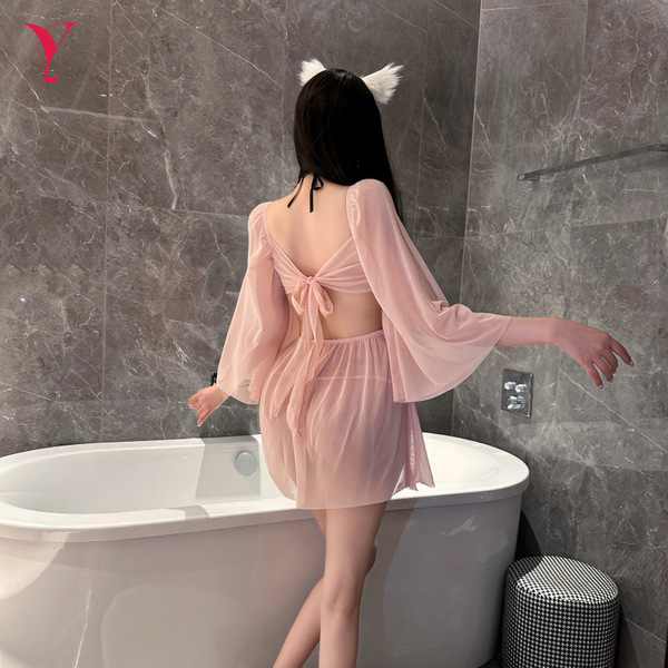 Feiniao moon gaze sheer lace seductive sleep dress with open crotch - sexy lingerie nightwear, elegant design, sheer fabric, ...