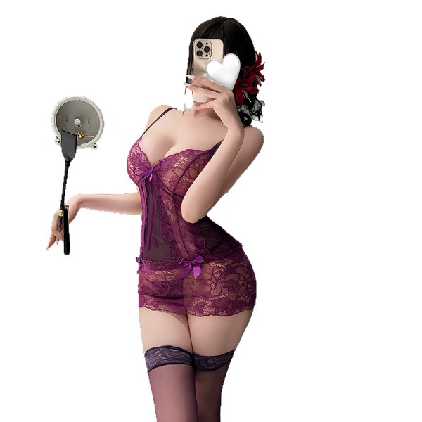 Woman in purple feiniao moon gazer lace sleepwear set, holding phone and paddle, sheer camisole and briefs for date night.