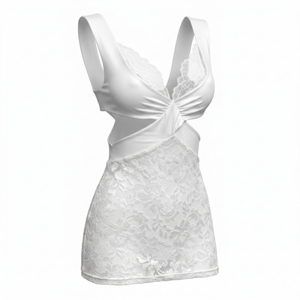 White lace bodycon dress with satin twist front and floral detailing, perfect for seductive nightclub or lingerie looks.