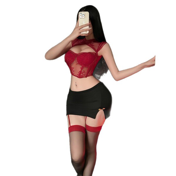 Feiniao moon gazer sexy lingerie set featuring a lace fishbone corset top with crop bra, secretary uniform style design.