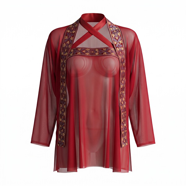 Red sheer hanfu lingerie set with embroidered trim, featuring a silk doudou and elegant cross-strap design for sensual sleepw...