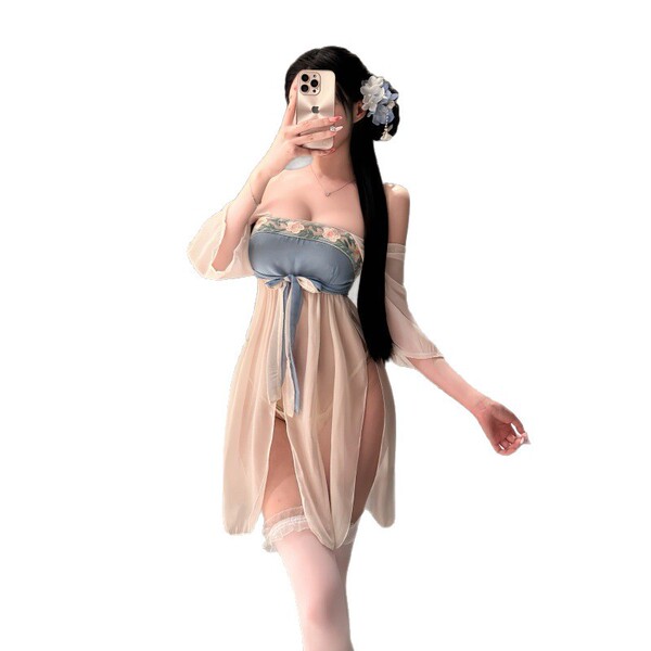 Feiniao moon gazing lingerie - vintage chinese silk mesh dress with imperial doudou, sensual hanfu cosplay outfit featuring e...