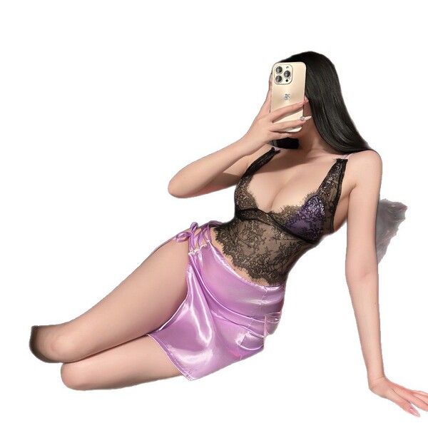 Feiniao moon gazing sexy no-remove lingerie set featuring a lace bralette paired with silky satin bottoms, perfect for belly ...