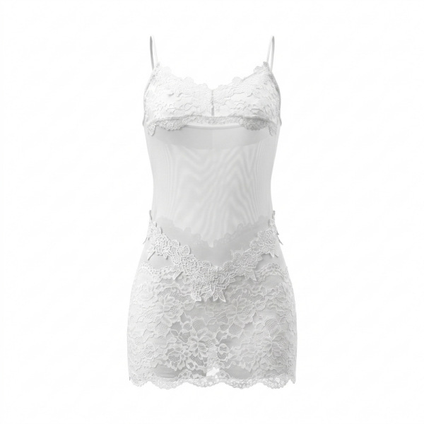 White feiniao moonlit bird lace chemise with floral embroidery and bodycon fit, featuring delicate straps and scalloped hem.