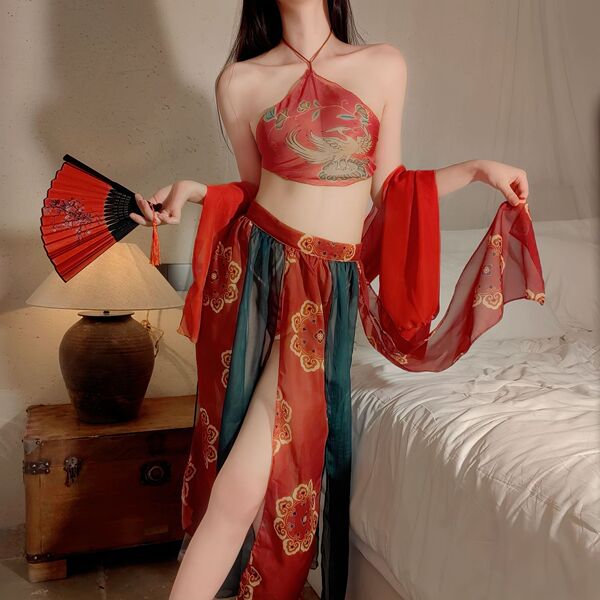 Dunhuang Flying Apsaras Lingerie - Sexy Chinese Hanfu Sleep Dress with Sheer Mesh & Imperial Court Style - Flying outfit + T-shirt + black stockings