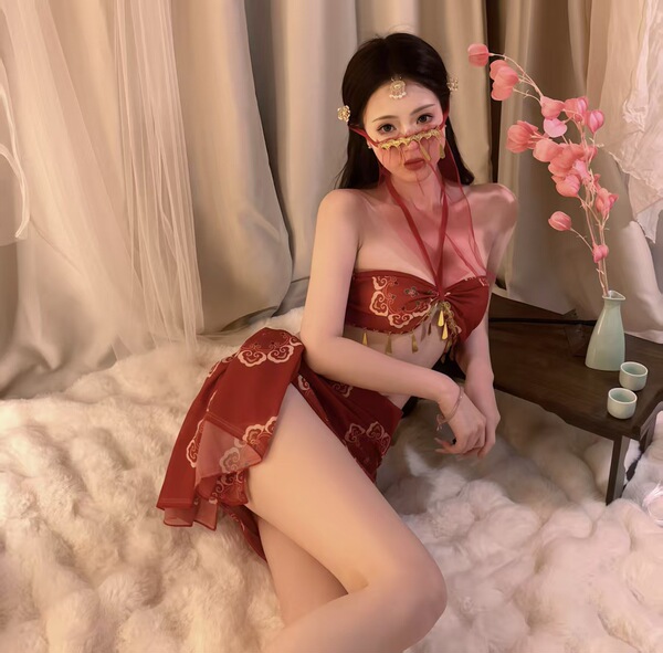 Lubei Vintage Chinese-Inspired Lingerie Set – Plus Size Hanfu-Style Busty Bodysuit, Modest Yet Alluring Sleepwear Ensemb - Flying Dancer [Dudou + Skirt + T-shirt + Face Curtain]