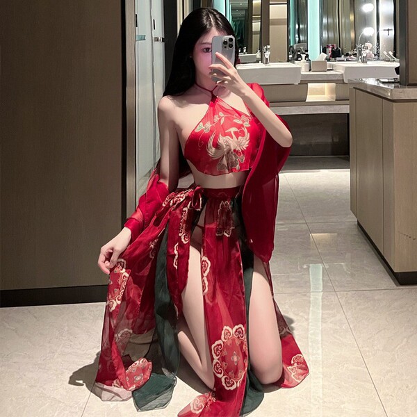 Sensual Hanfu Lingerie Set - Plus Size Ancient Chinese Style Busty Bodice & Matching Ensemble, Pure Temptation Court-Ins - Flying [Jacket + Tank Top + T-shirt]