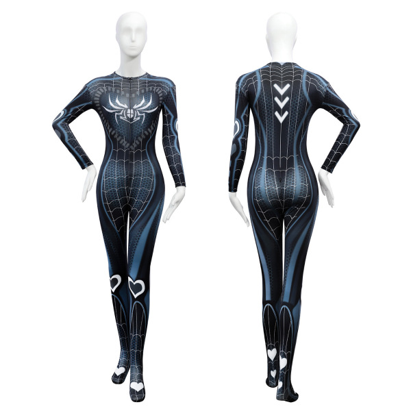Femour sexy spider-themed bodysuit with dual zippers & open-crotch design for role play, featuring a sleek black and blue pat...