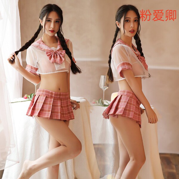 Seductive Pleated Skirt Lingerie Set – Cute JK Uniform Style Women's Sexy Student Outfit - Pink Amorous Minister [Top + Skirt + Bow + Underwear]