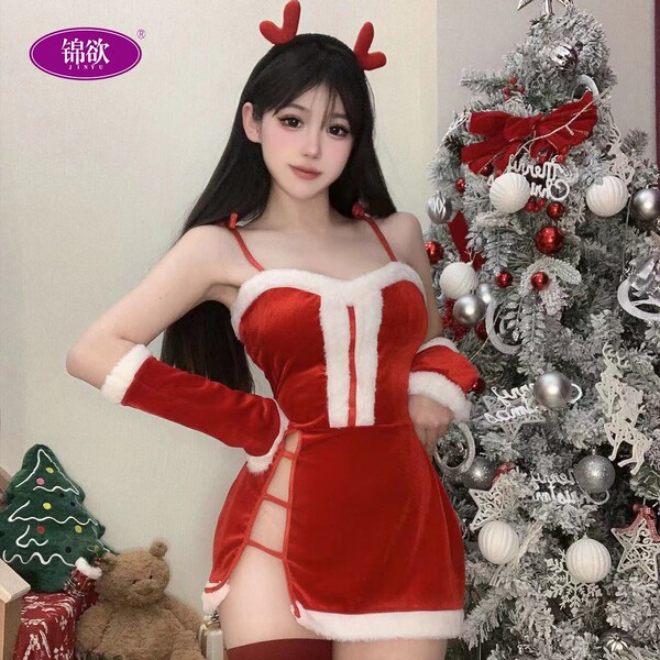 Festive red rabbit girl outfit - sexy new year chinese holiday boudoir dress set featuring a charming santa-inspired design w...