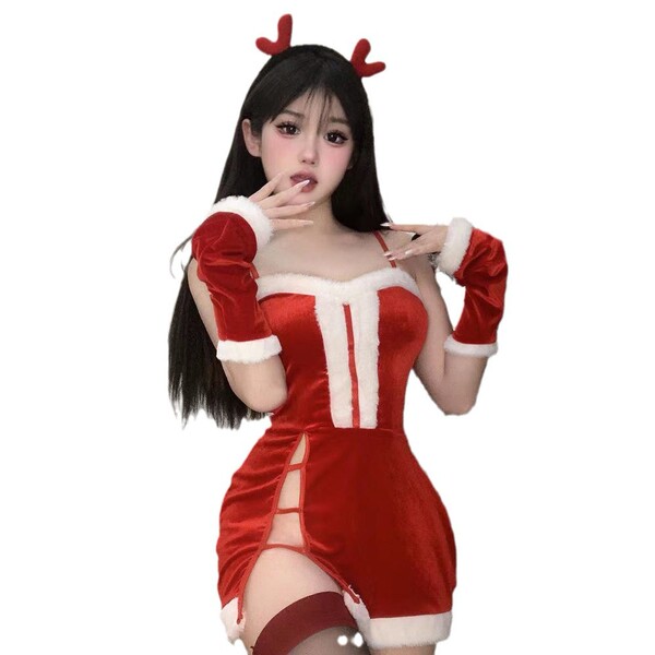 Sexy festive red rabbit girl outfit featuring a boudoir dress with reindeer antlers and gloves, perfect for new year celebrat...