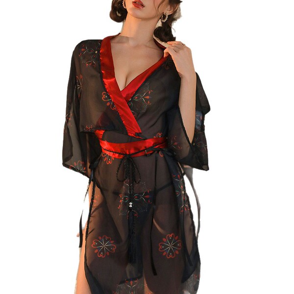 Fish joy seductive lingerie set - japanese-inspired black kimono sleepwear, no-remove pure-desire outfit with floral patterns...