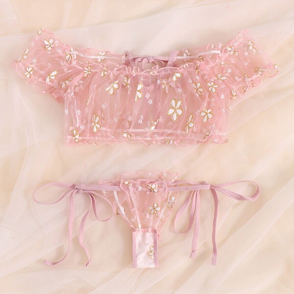 Summer Off-Shoulder Lace Sleepwear Set for Women – Floral Mesh Bralette & Matching Bottoms with Adjustable Ties - 026 Pink Five-petaled Flower
