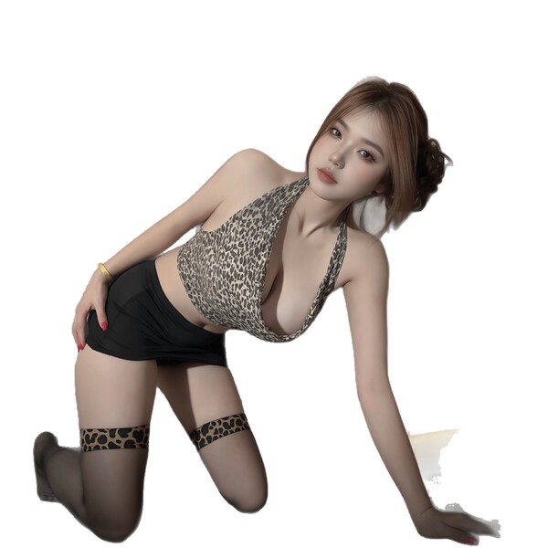Sexy flame desire leopard print bodycon set with sheer stockings, featuring a curvy cutout top and black shorts for pure sedu...