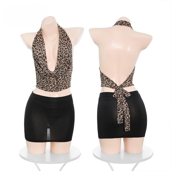 Leopard print sheer bustier bodysuit with black shorts, front and back view on mannequin.
