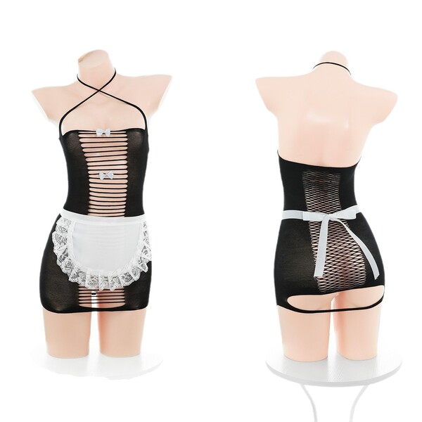 Flame desire sheer maid costume set - tearable cheeky butt-baring mesh lingerie outfit for seductive role play