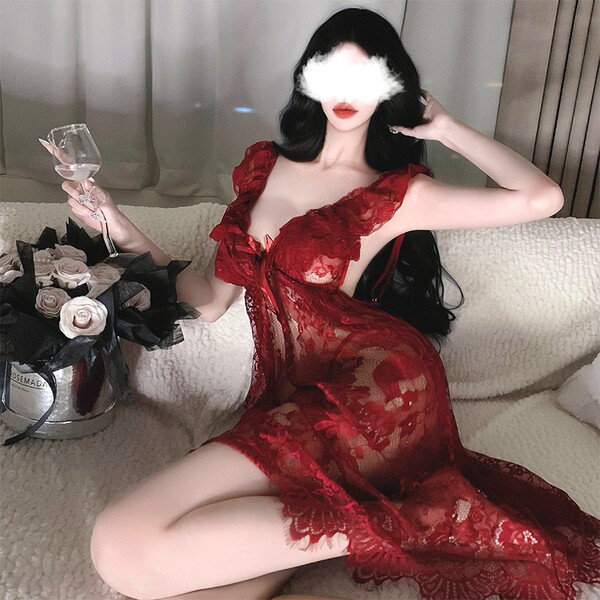 Sexy red lace sleep dress with sheer design, perfect for plus-size women. elegant nightwear set featuring delicate patterns a...