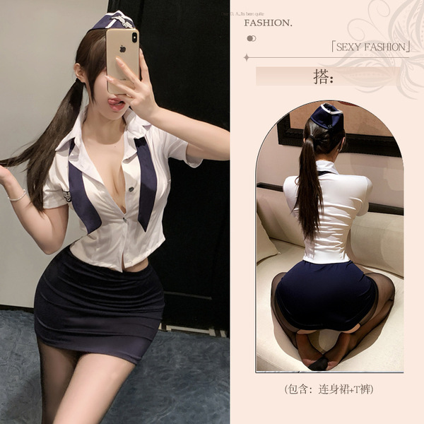 Seductive Lace Lingerie Set for Women – Sensual & Elegant Temptation Intimate Wear - Flight attendant [top + skirt + hat + tie] + white stockings