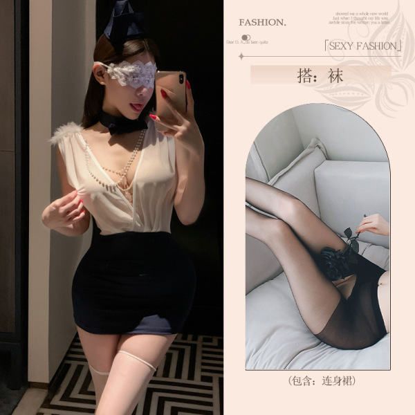 Pure & Tempting Lingerie Set - Modest Secretary Style Bodycon Skirt Sleepwear Cosplay Outfit - Flight attendant [uniform + hat + blindfold + black open-crotch stockings]
