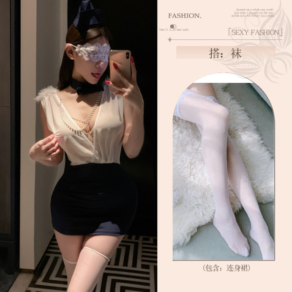 Pure & Tempting Lingerie Set - Modest Secretary Style Bodycon Skirt Sleepwear Cosplay Outfit - Flight attendant [uniform + hat + blindfold + white stockings]
