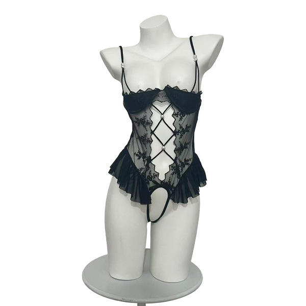 Flirty lace bodysuit featuring sheer mesh thong design, perfect for small busts. includes push-up cleavage and no-remove elem...