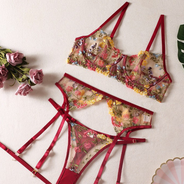 Floral embroidery lace bra set - sexy push-up sheer underwire lingerie set for women with matching garter belt and panties, d...