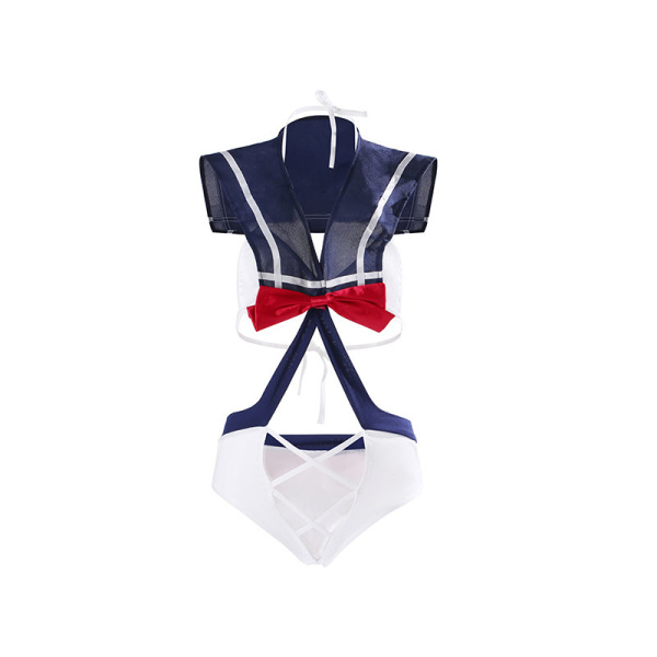 Sailor-style bodysuit with red bow, cut-out design, and lace details for role play or intimate wear.