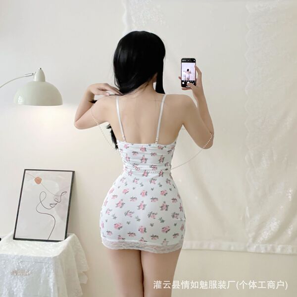 Woman in white floral bodycon nightgown with lace trim, taking mirror selfie. features built-in padded bra and contrast strap...