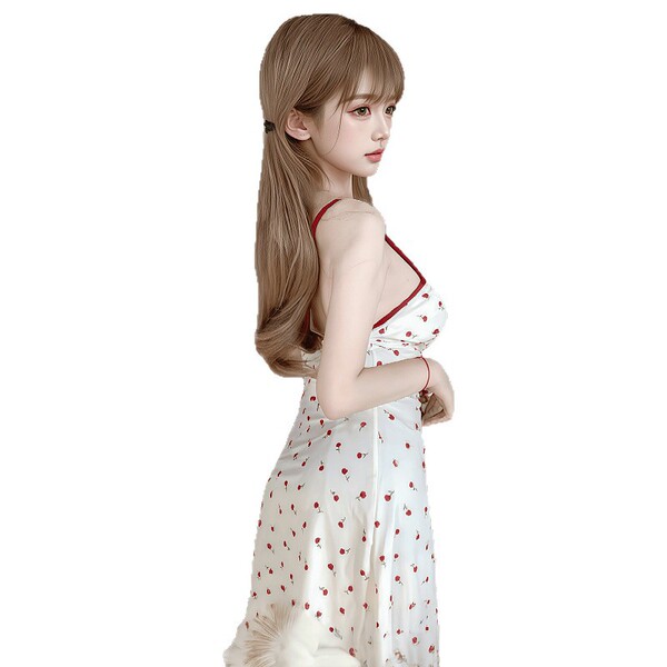 Woman wearing white floral moonlight sensual lace bodycon sleep dress with red trim, seductive no-remove bedroom lingerie.
