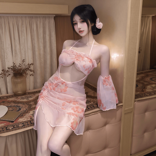 Woman wearing floral moonlight sensual transparent backless chemise, a sexy sheer sleep dress with side slit and no-remove li...