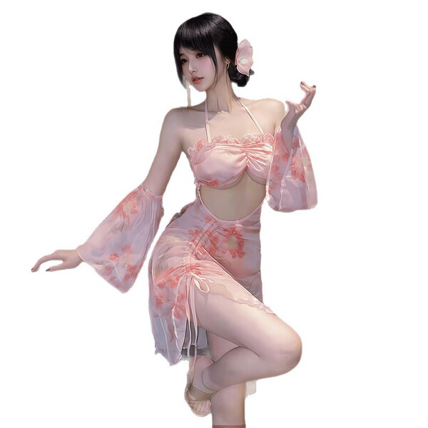 Floral moonlight sensual transparent backless chemise - sexy sheer sleep dress with side slit, no-remove lingerie