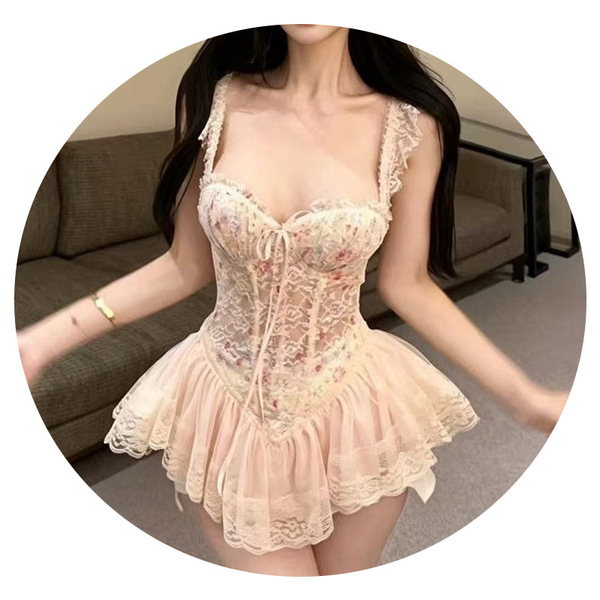 Floral print sweet corset mini dress with built-in pads and waist-cinching design, featuring lace details.