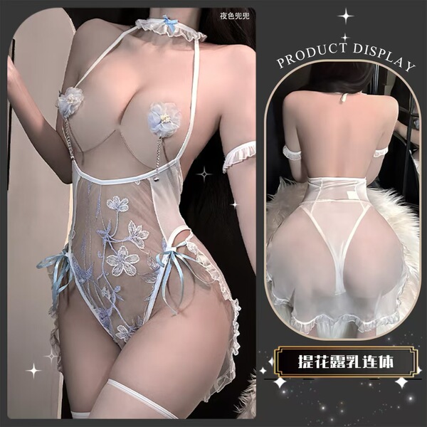 Seductive Lace Bodysuit with Open-Crotch & Embroidered Detail – Sexy Boudoir Outfit for Adults - Floral bodysuit with exposed breasts + white stockings