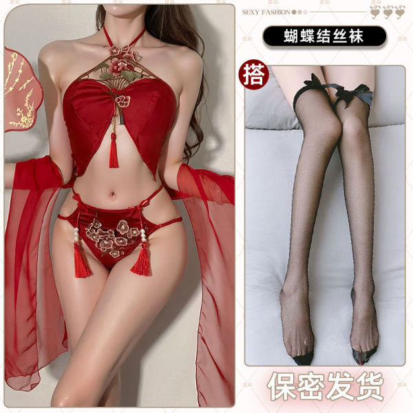 Red Chinese-Style Lingerie Set - Sexy Hanfu Belly Dance Bralette with Lace & Tassels, Romantic Sleepwear - Flowers in full bloom, symbolizing wealth and prosperity + black bow-tie stockings