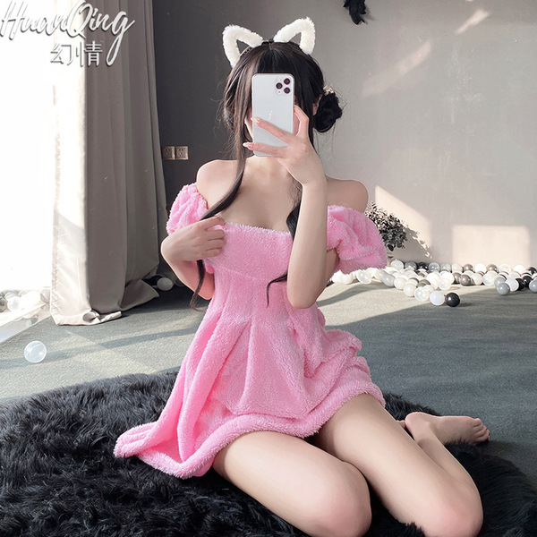 Fluffy pink lounge sleep dress with fluffy cat ears, cozy kawaii lolita pajama set for women, perfect for fall and winter bed...