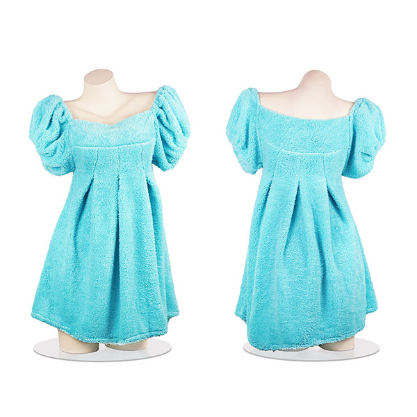 Fluffy turquoise lounge sleep dress with puffed sleeves, cozy and playful design perfect for fall-winter wear.