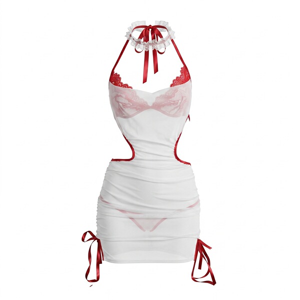 White and red nurse lingerie set with skirt, lace trim, and bow details for women.