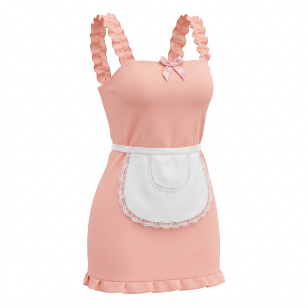 Pink dress with ruffled straps and apron, perfect for sweet japanese maid cosplay outfits.