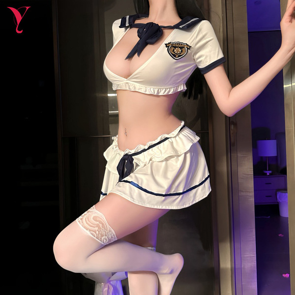 Sexy schoolgirl outfit featuring a cute jk mini skirt set with lace details and a sailor-style top, perfect for pure temptati...