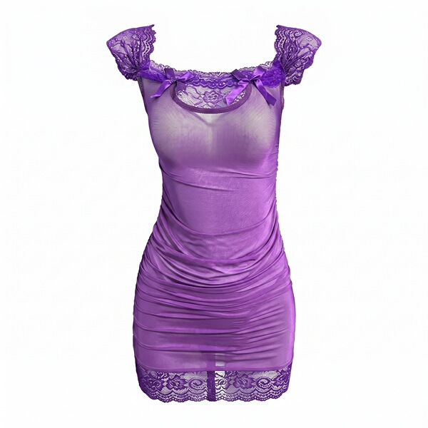 Purple sheer lace mesh bodycon mini dress with ruffled sleeves and bow details, perfect for nightclub wear.