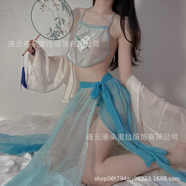 Domoila Vintage-Inspired Sensual Silk-Look Cheongsam Bralette Set - Pure Temptation Lingerie for Date Night - Model's folding fan - Gentle Breeze