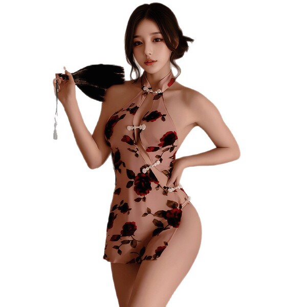 Woman wearing forbidden elegance lace qipao-inspired bodysuit with floral print, holding a fan — modest yet sexy sleep dress ...
