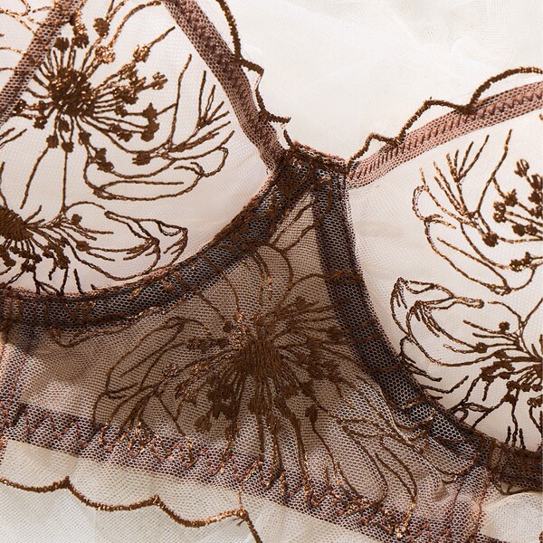 Close-up of french luxury lace embroidery lingerie set featuring intricate floral patterns and delicate mesh detailing.
