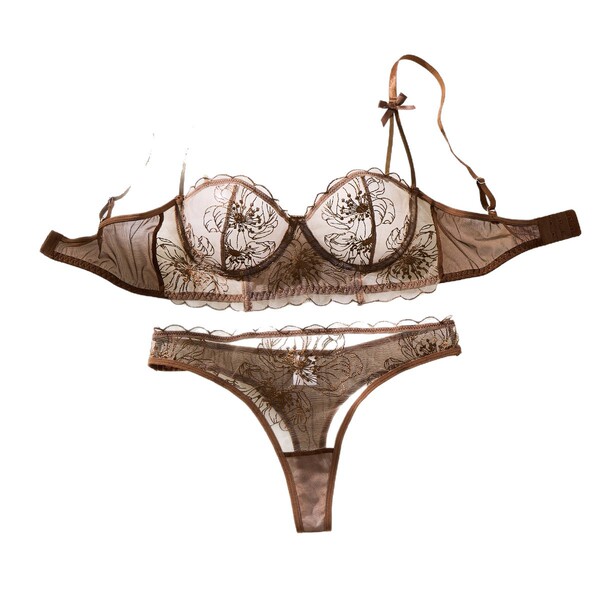 Elegant french lace lingerie set with floral embroidery, featuring a sheer bra and matching panties for pure seduction.