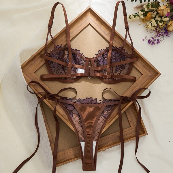French lace sexy lingerie set: sheer mesh bra & thong with underwire and ties, displayed on a wooden frame with floral accent...