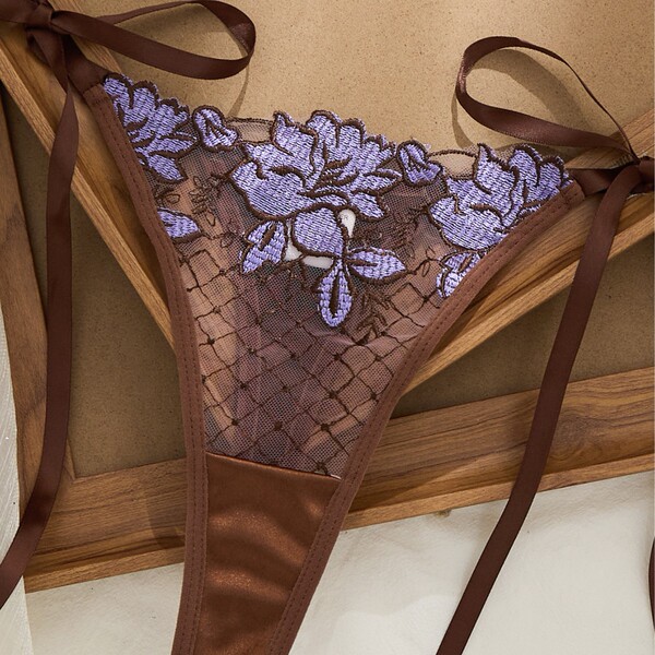 Brown sheer mesh thong with purple floral lace and satin ties from french lace sexy lingerie set.