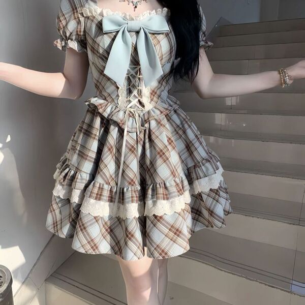 French retro square-neck puff sleeve dress - sweet summer plaid princess dress with bow detail