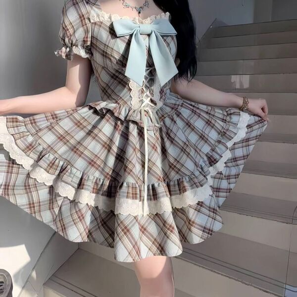 French retro square-neck puff sleeve dress - sweet summer plaid princess dress with bow detail, featuring a charming plaid pa...
