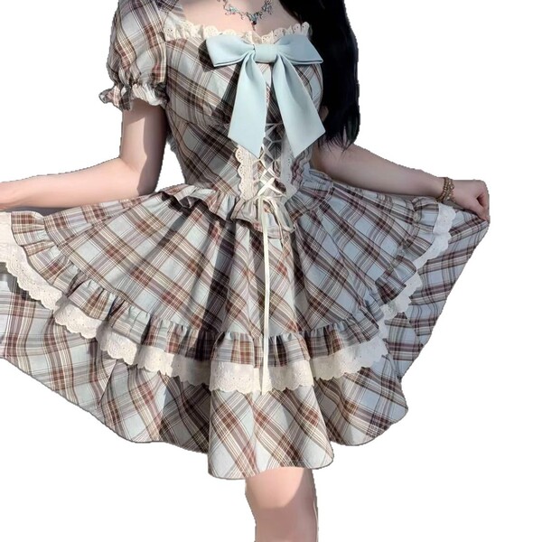 French retro square-neck puff sleeve dress - sweet summer plaid princess dress with bow detail