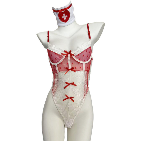 French romantic lace nurse bodysuit set – pure & seductive costume outfit for adults featuring lace details and red accents.